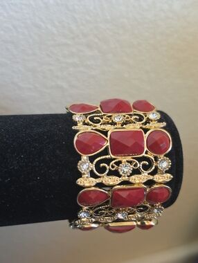 Gold-Tone Red Gemstone Statement Bracelet